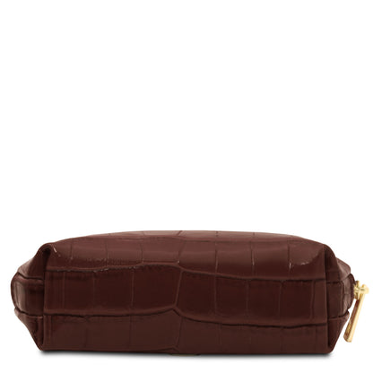 Vera - Croc print leather toiletry case | TL142514 in dark brown embossed leather with gold-tone zipper on white background