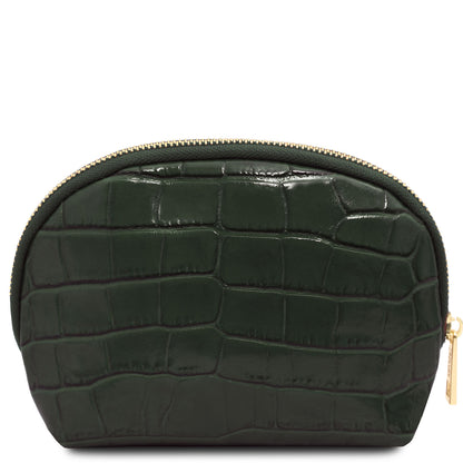 Vera - Croc print leather toiletry case | TL142514 in dark green embossed leather with gold-tone zipper on white background
