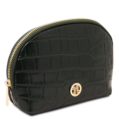 Vera - Croc print leather toiletry case | TL142514 in black embossed leather with gold-tone hardware and zip closure on white background