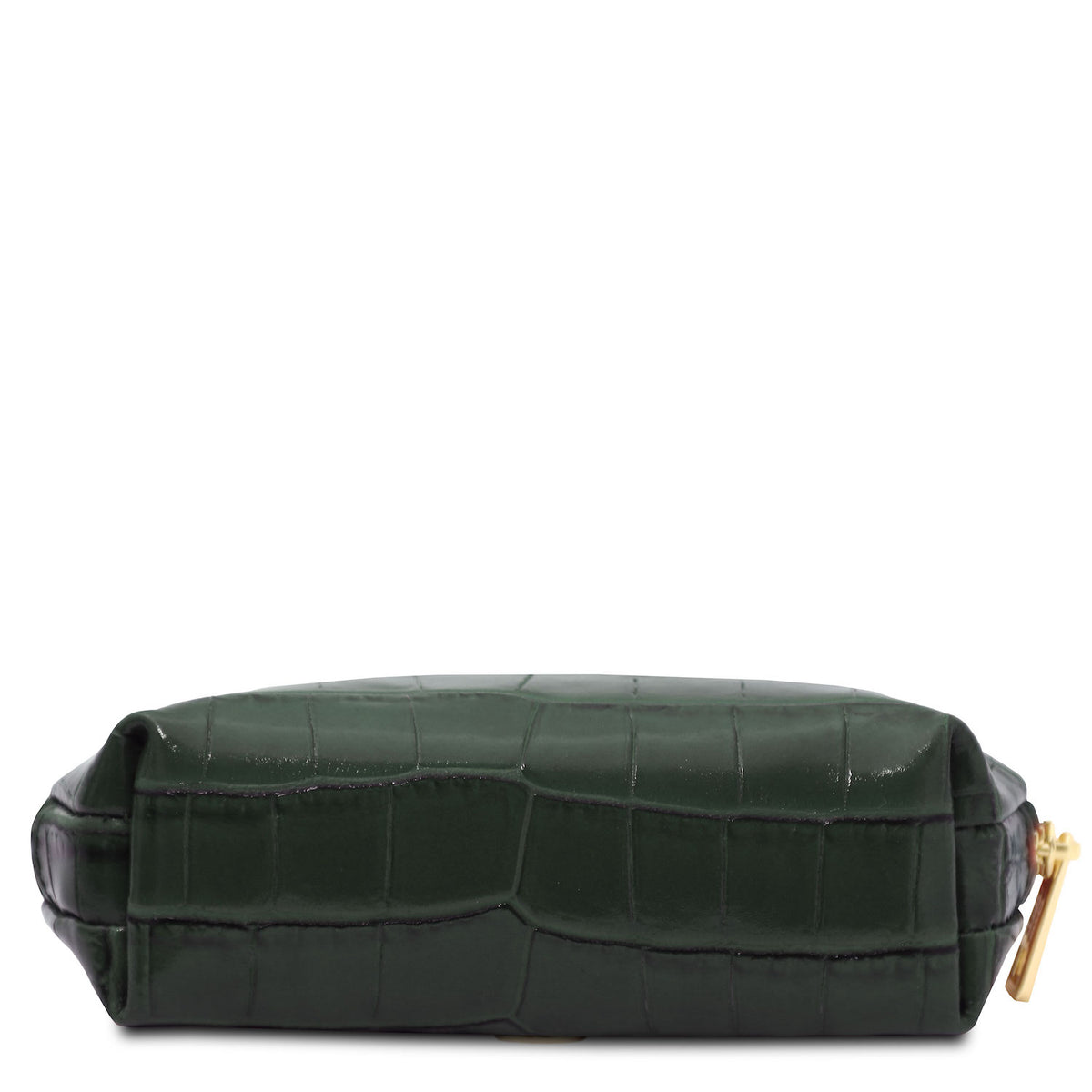 Vera - Croc print leather toiletry case | TL142514 in dark green embossed leather with gold-tone zipper on white background.
