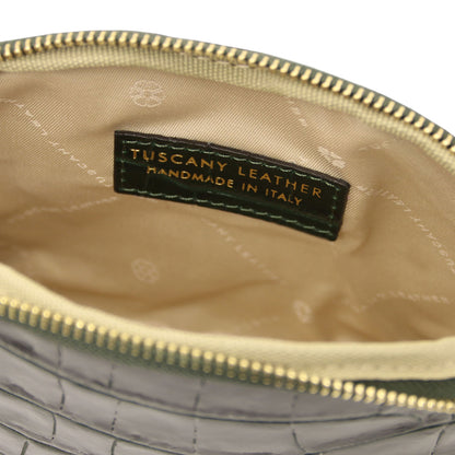 Vera - Croc print leather toiletry case | TL142514 in black with gold-tone zipper and semi-rigid structure on white background