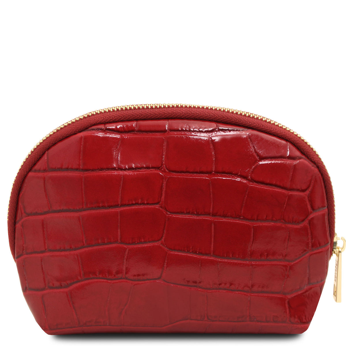 Vera - Croc print leather toiletry case | TL142514 in red with embossed croc texture, gold-tone zipper, and semi-rigid structure on white background
