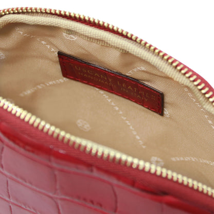 Vera - Croc print leather toiletry case | TL142514 in red with embossed texture, gold-tone zipper closure, and beige polyester lining on white background.