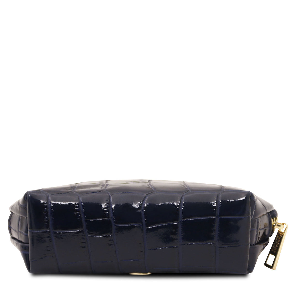 Vera - Croc print leather toiletry case | TL142514 in dark blue embossed leather with semi-rigid structure and gold-tone zipper on white background