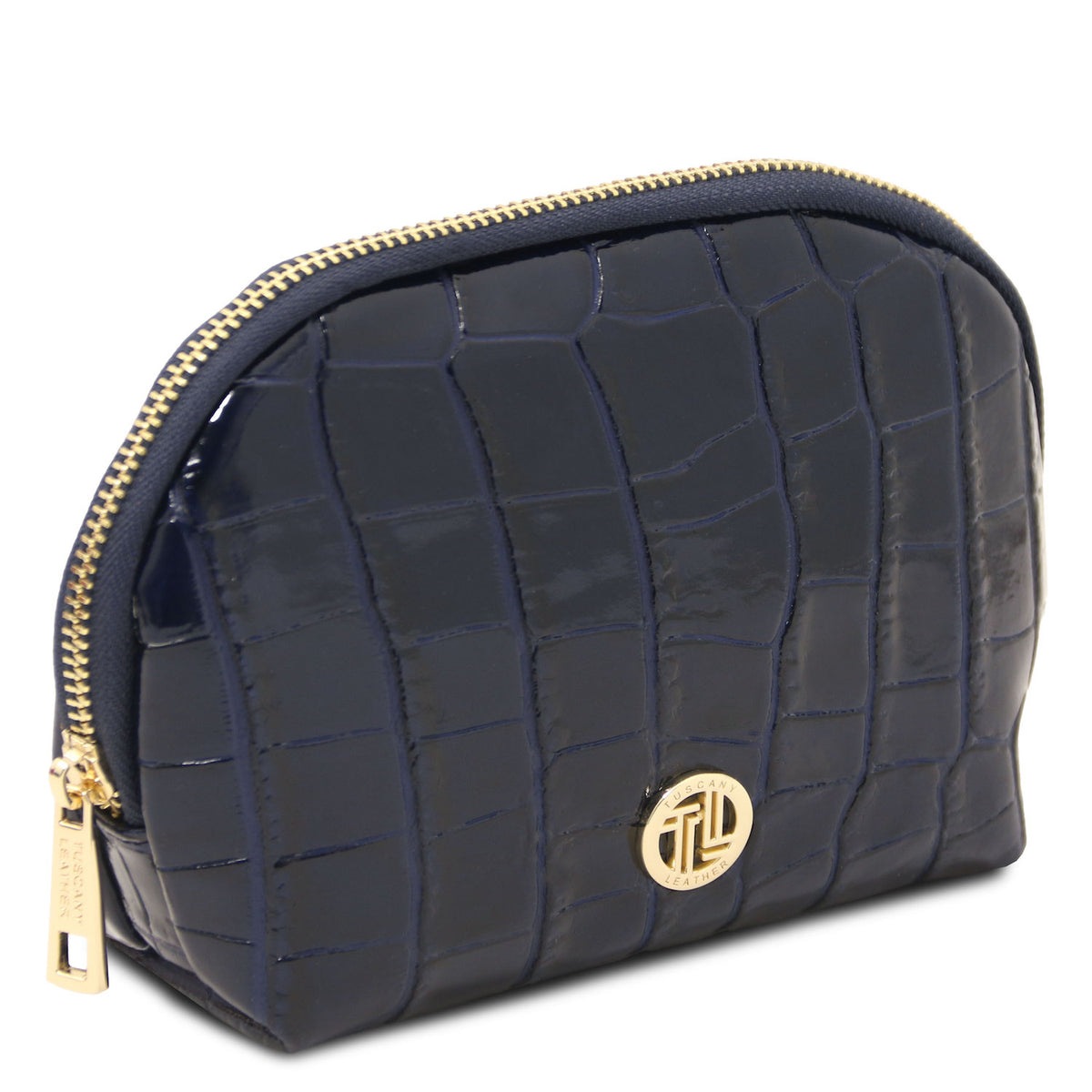 Vera - Croc print leather toiletry case | TL142514 in black embossed leather with gold-tone zipper and metal emblem on white background
