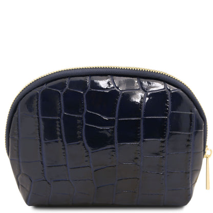 Vera - Croc print leather toiletry case | TL142514 in black embossed leather with gold-tone zipper on white background