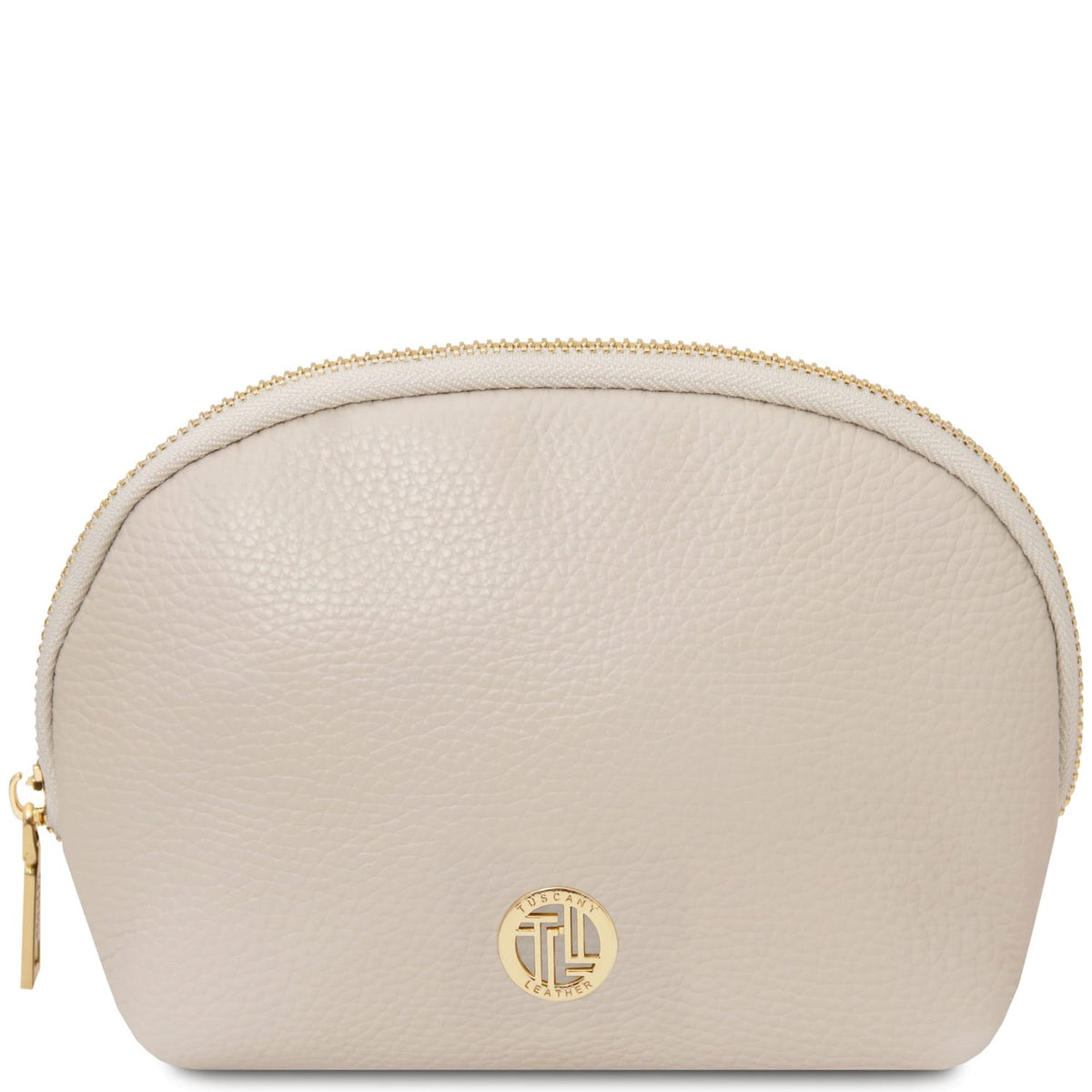 Beige rounded Vera leather case with cremallera dorada and placa de logo dorada.