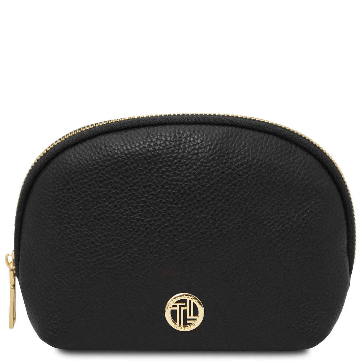 Negro piel granulada rounded toiletry case with cremallera dorada and logo.