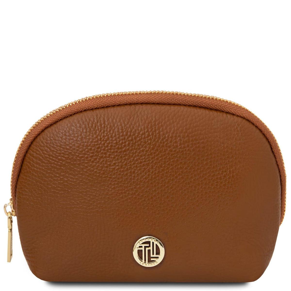 Vera piel suave toiletry case in warm cuero brown with cremallera dorada and round emblema de logo dorado
