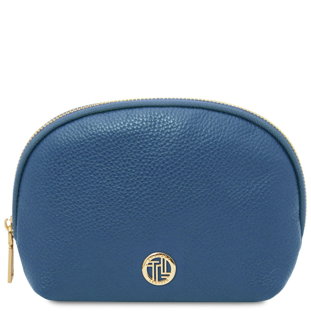 Compact blue piel granulada toiletry case with gold-tone zipper and circular metal emblem on front panel.