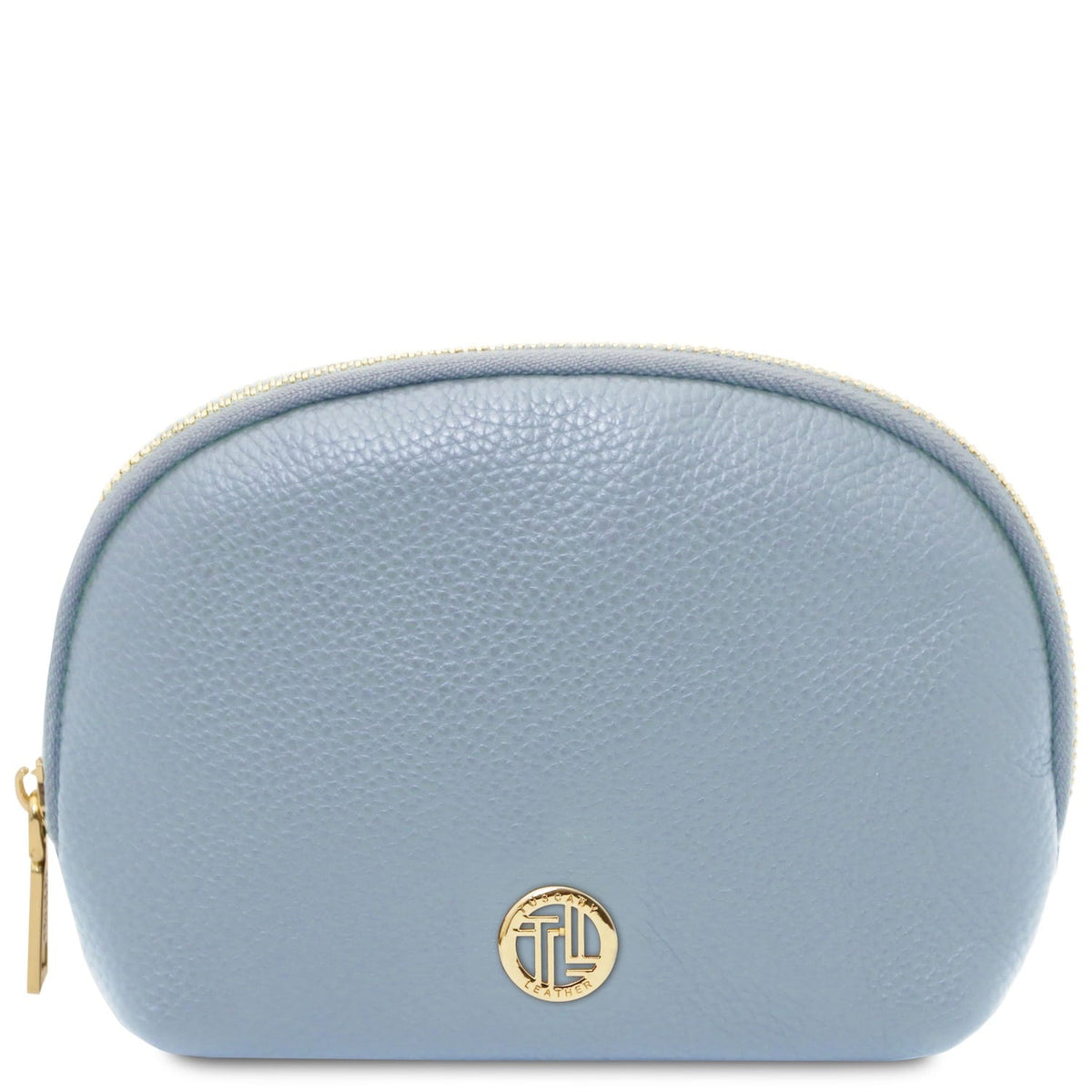 Azul claro soft piel granulada toiletry case with rounded shape and gold-tone zipper pull detail.