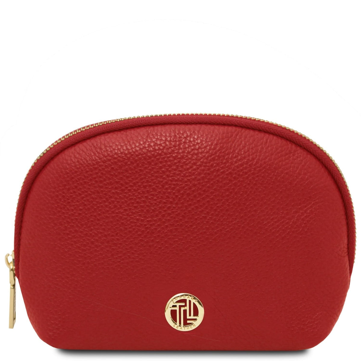 Rojo piel granulada toiletry case with curved cremallera dorada and round logo dorado on the front.