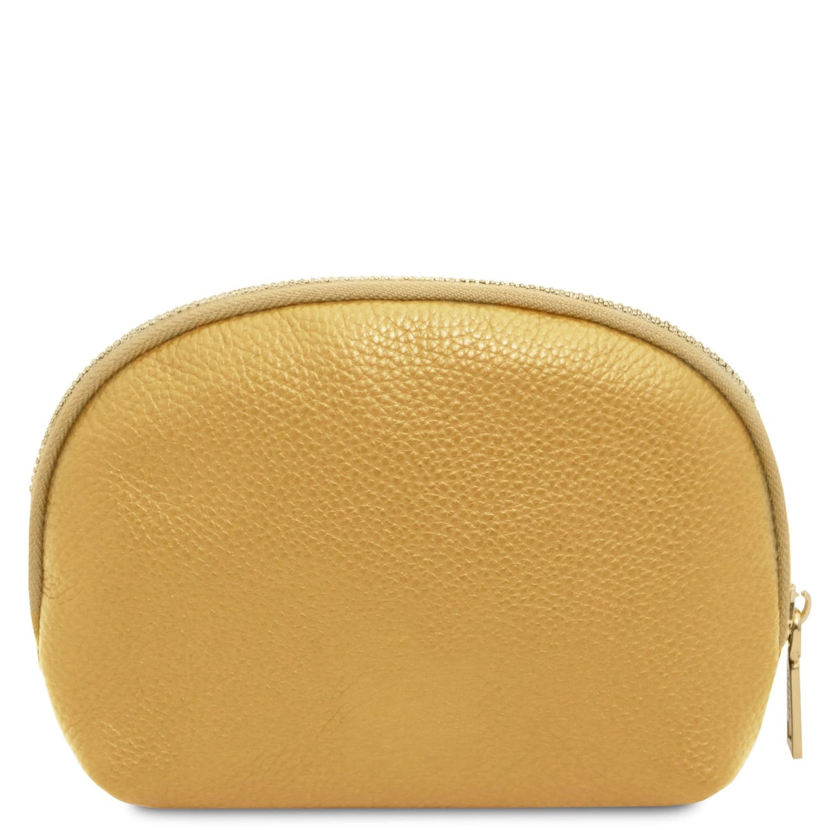 Soft yellow piel plena flor toiletry case with textura granulada and top zipper closure, crafted in Italy.