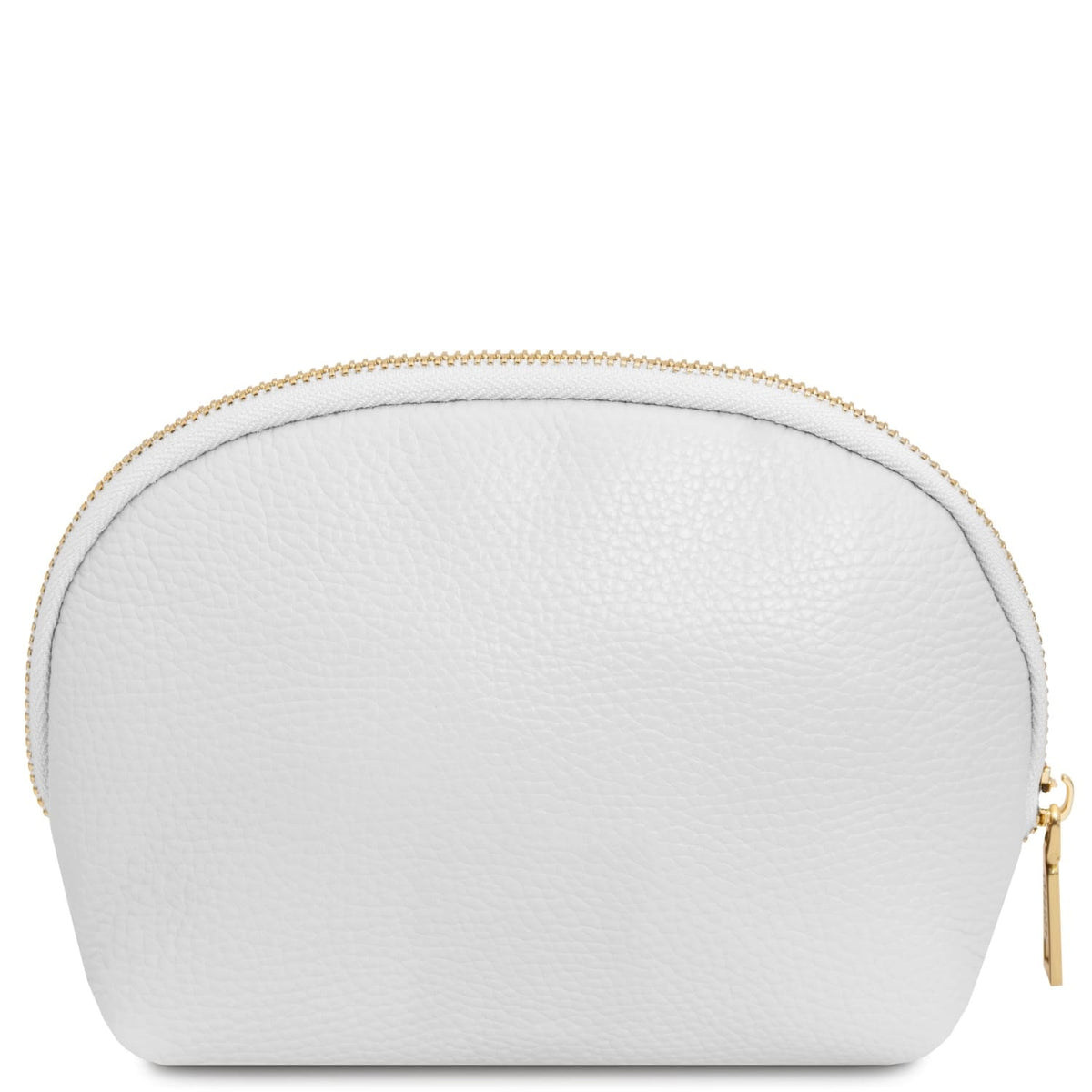 Blanco piel suave toiletry case with textura granulada and gold-tone zipper closure, minimalist travel leather accessory.