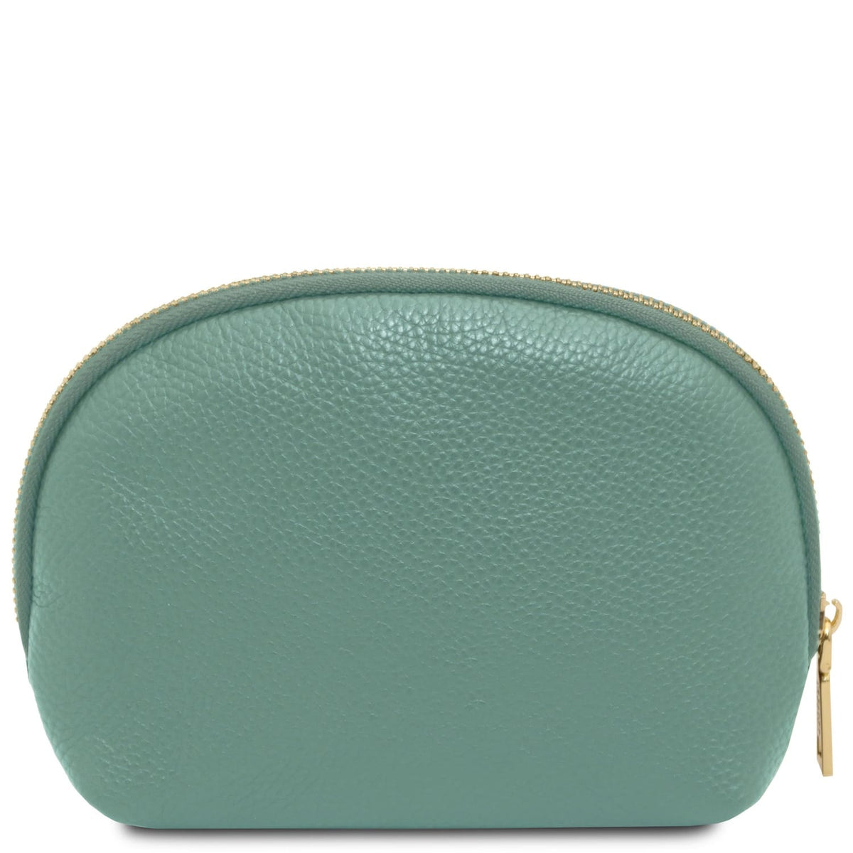 Pebbled piel suave toiletry case in muted green with curved shape and gold-tone zipper closure detail.