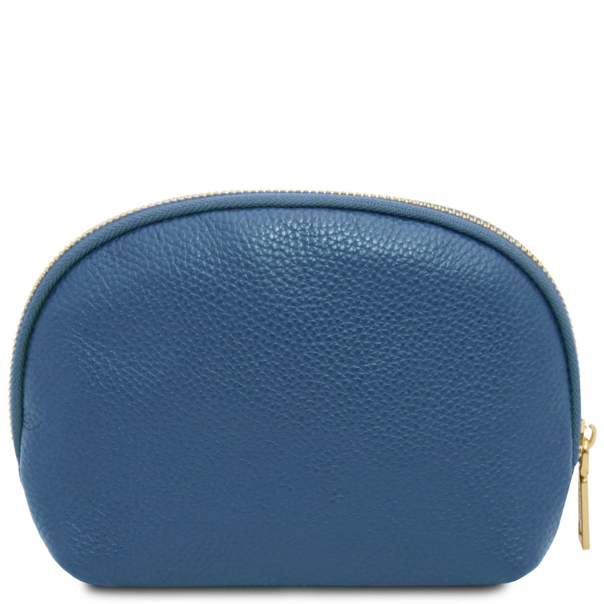 Blue soft piel granulada toiletry case featuring a rounded top zipper and diseño minimalista.