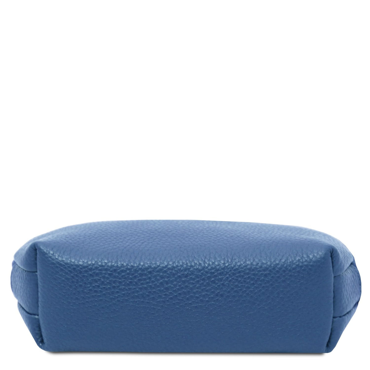 Soft blue leather toiletry case with a textured finish and structured base in full-grain Italian leather design.