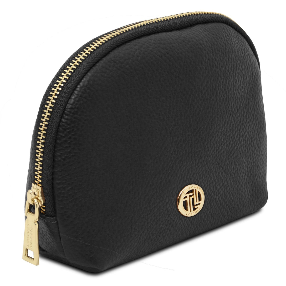 Vera piel suave toiletry case in black with cremallera dorada and round emblema de logo dorado