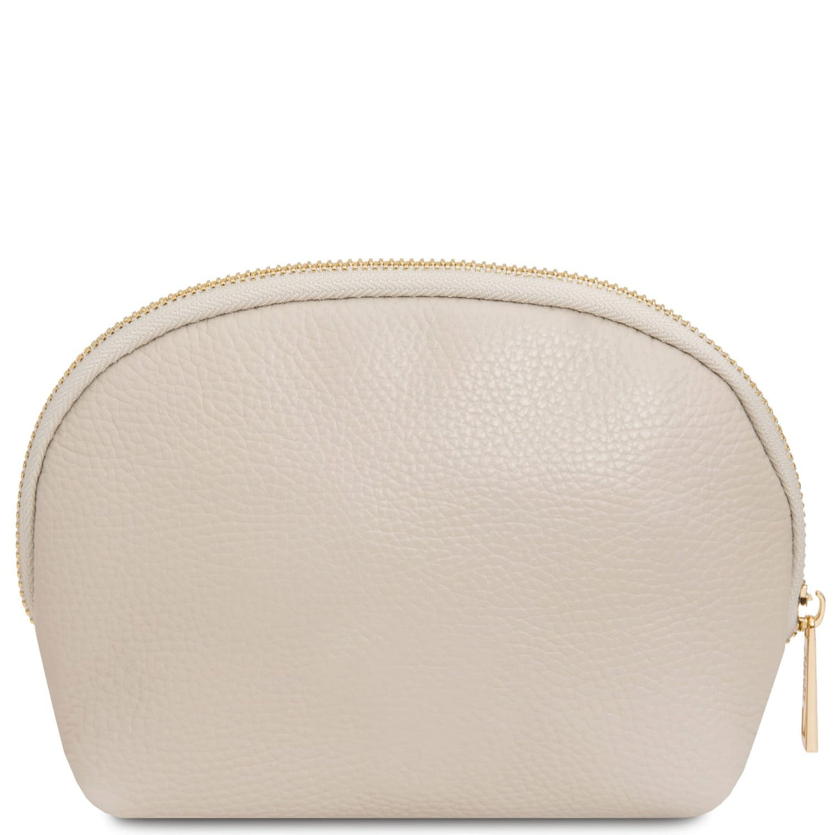 Soft beige leather toiletry case with textured finish and gold-tone zipper, crafted from Italian leather accessories.