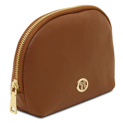Vera piel suave toiletry case in marrón claro with cremallera dorada and round emblema de logo dorado