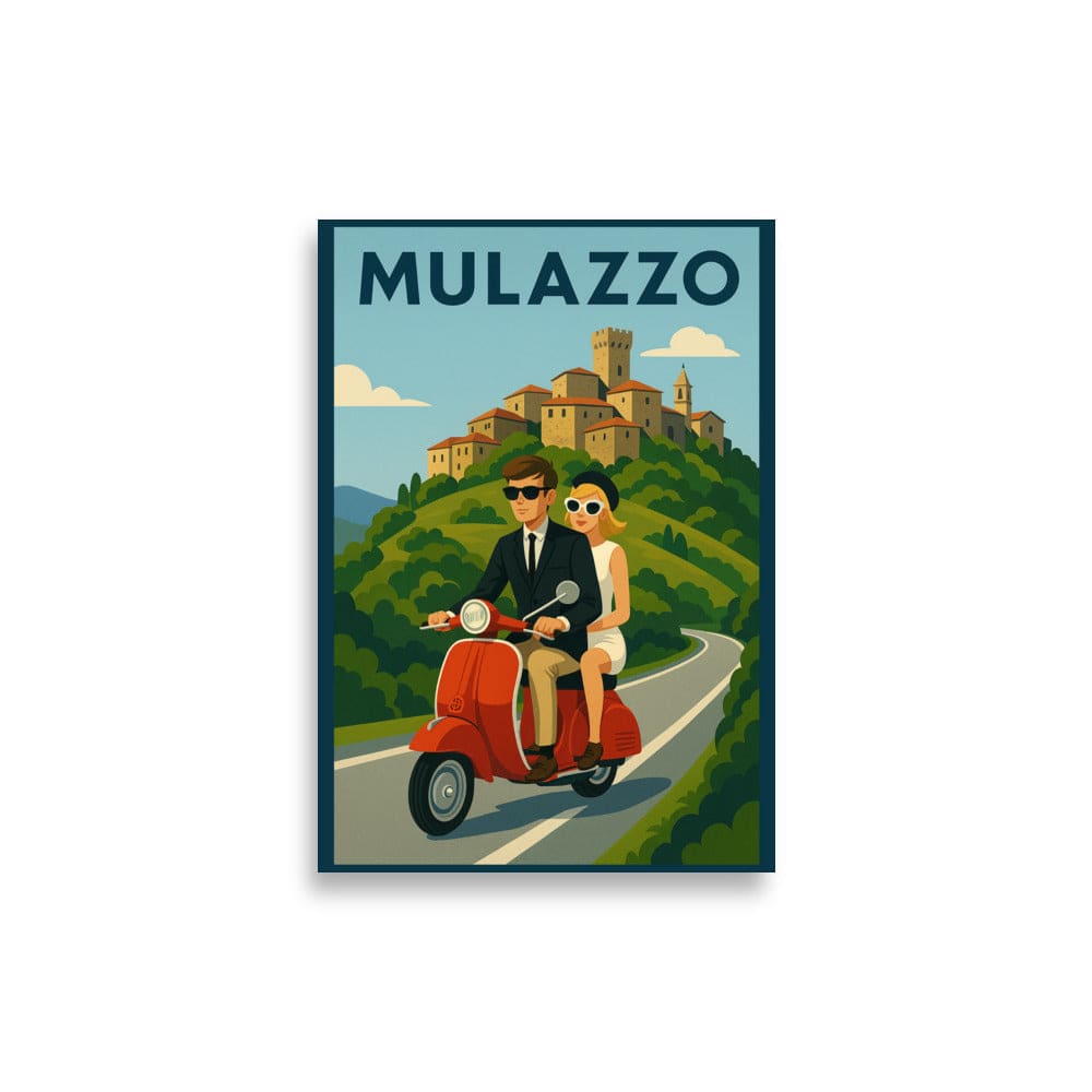 Poster 21×30 cm Vintage Travel Poster - Mulazzo, Italy - Couple on Vespa San Rocco Italia