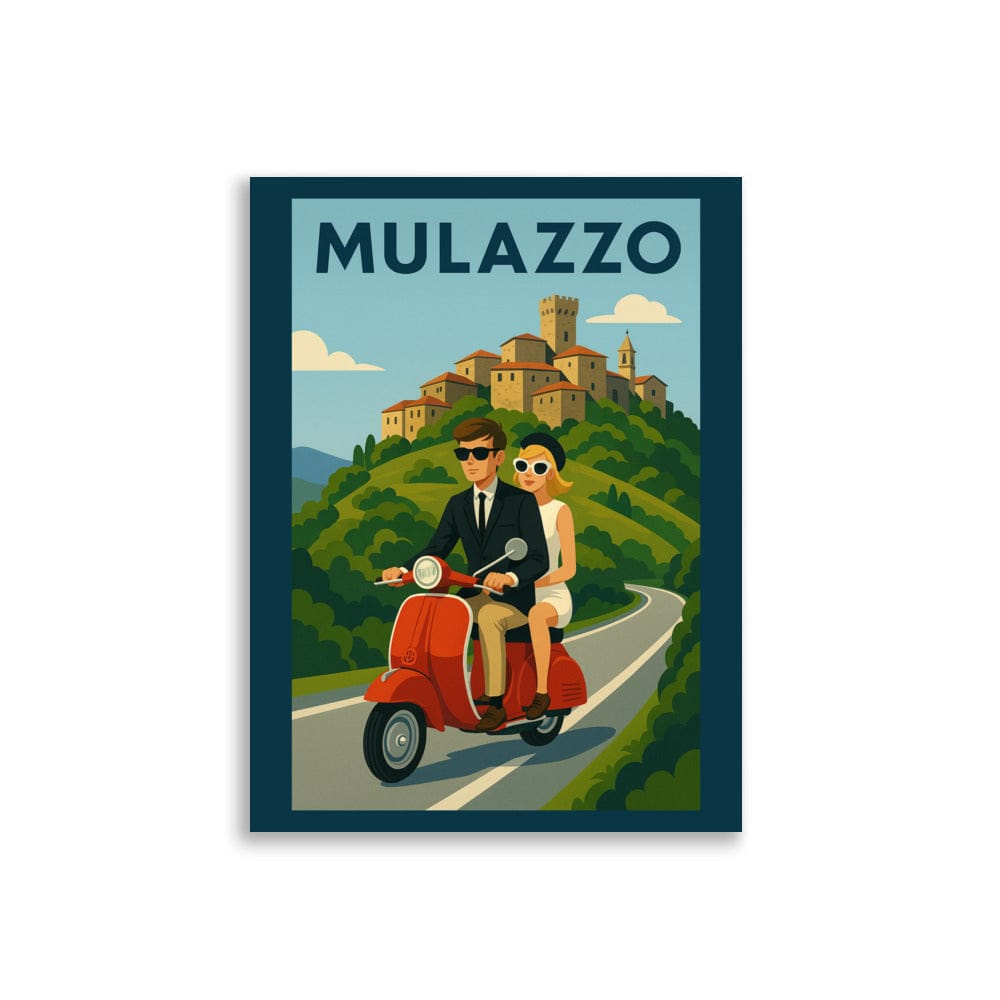 Poster 30×40 cm Vintage Travel Poster - Mulazzo, Italy - Couple on Vespa San Rocco Italia