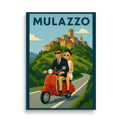 Poster 50×70 cm Vintage Travel Poster - Mulazzo, Italy - Couple on Vespa San Rocco Italia