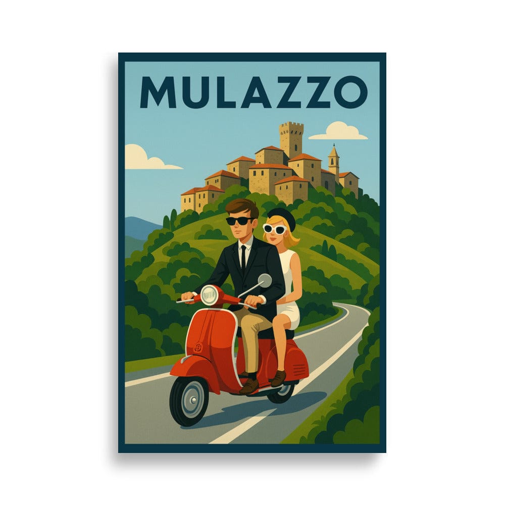 Poster 61×91 cm Vintage Travel Poster - Mulazzo, Italy - Couple on Vespa San Rocco Italia