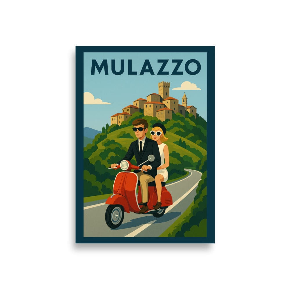 Poster A1 (59.4×84.1 cm) Vintage Travel Poster - Mulazzo, Italy - Couple on Vespa San Rocco Italia