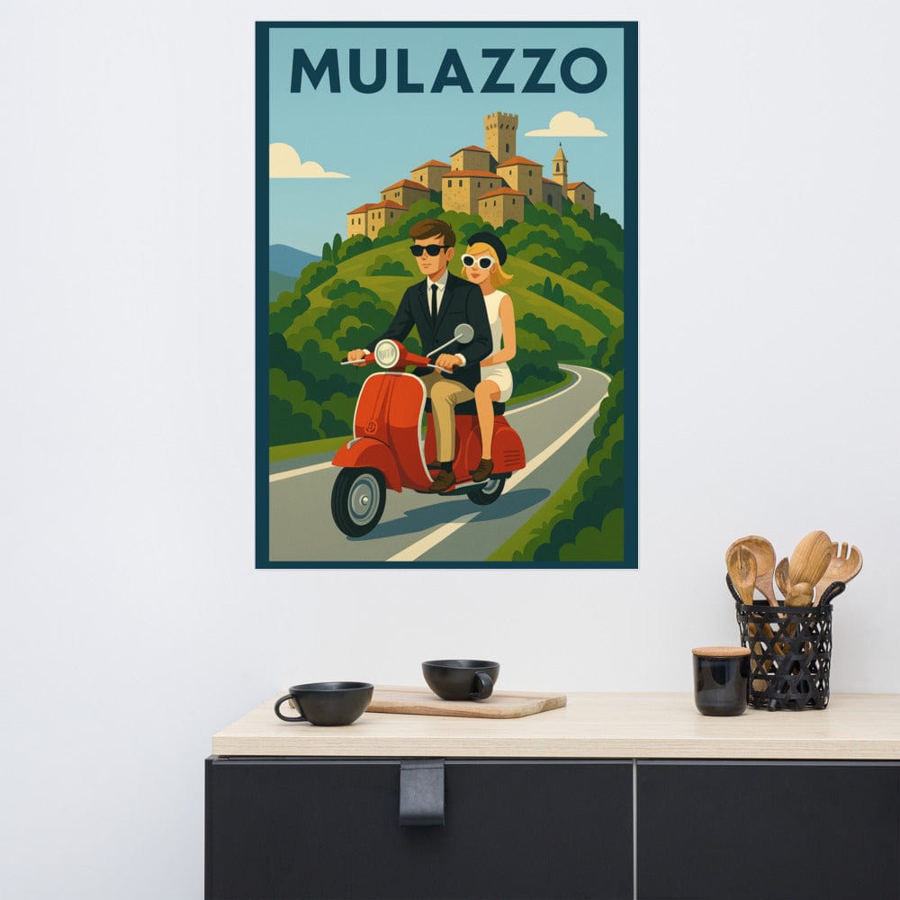 Poster Vintage Travel Poster - Mulazzo, Italy - Couple on Vespa San Rocco Italia