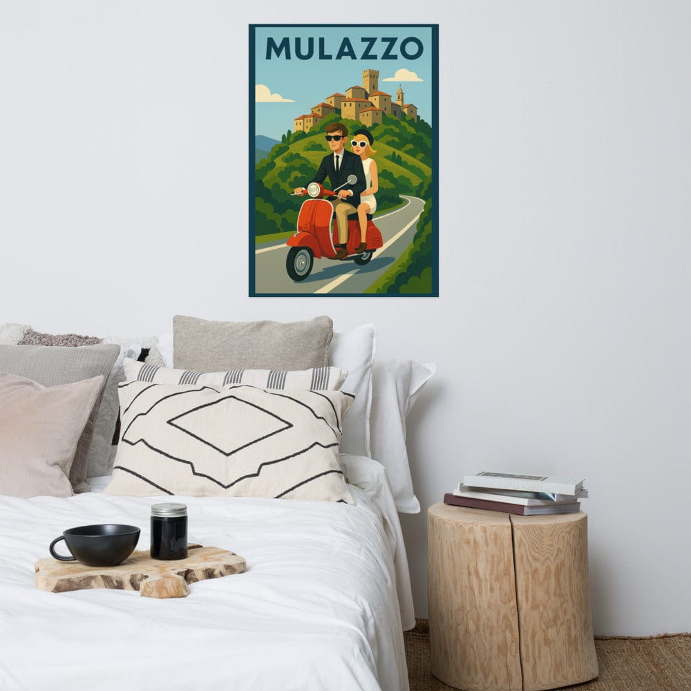 Poster Vintage Travel Poster - Mulazzo, Italy - Couple on Vespa San Rocco Italia