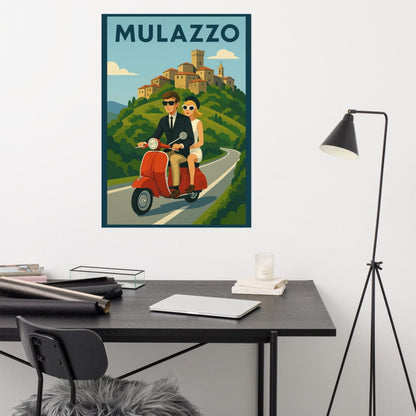 Poster Vintage Travel Poster - Mulazzo, Italy - Couple on Vespa San Rocco Italia