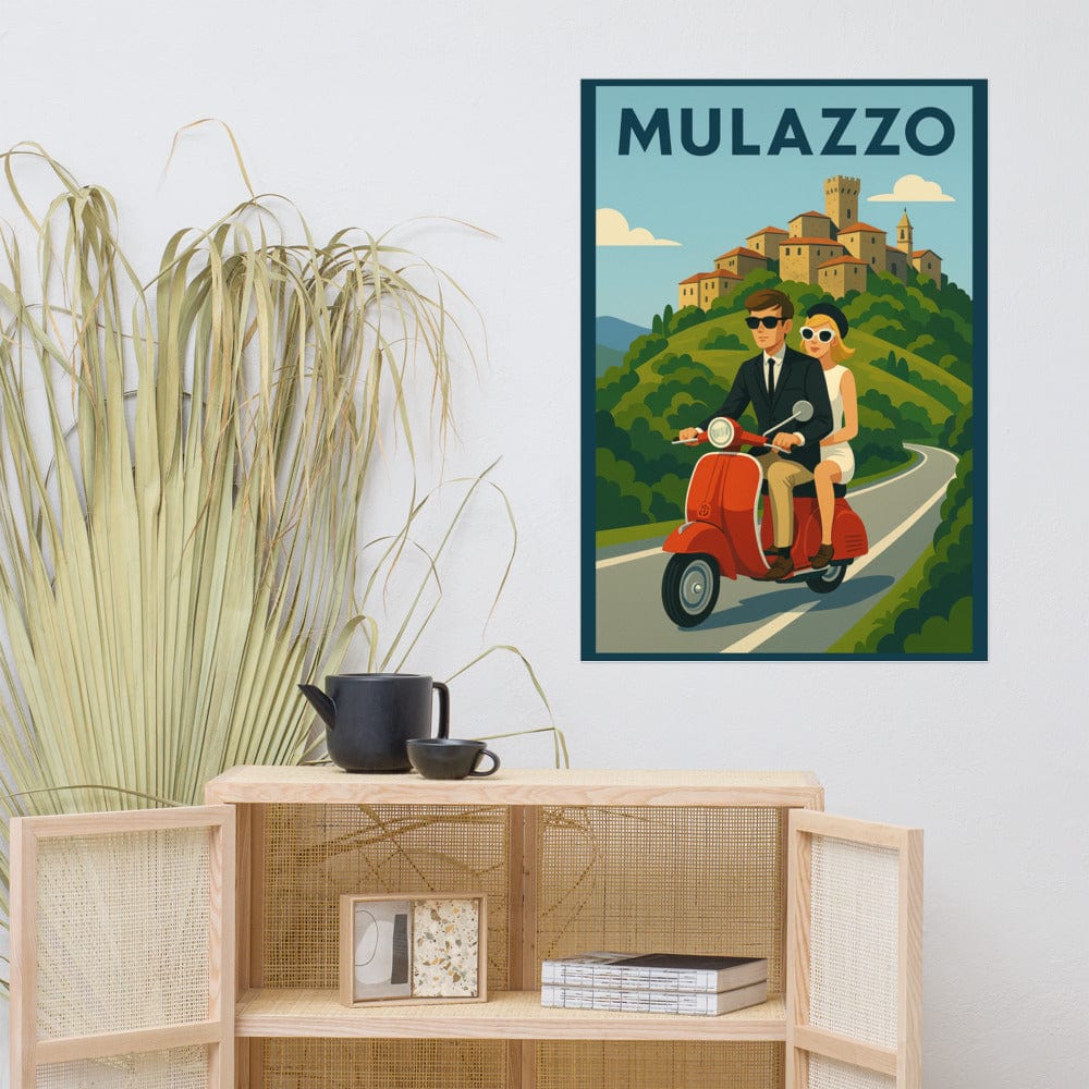 Poster Vintage Travel Poster - Mulazzo, Italy - Couple on Vespa San Rocco Italia