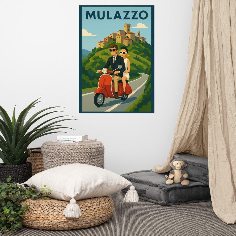 Poster Vintage Travel Poster - Mulazzo, Italy - Couple on Vespa San Rocco Italia