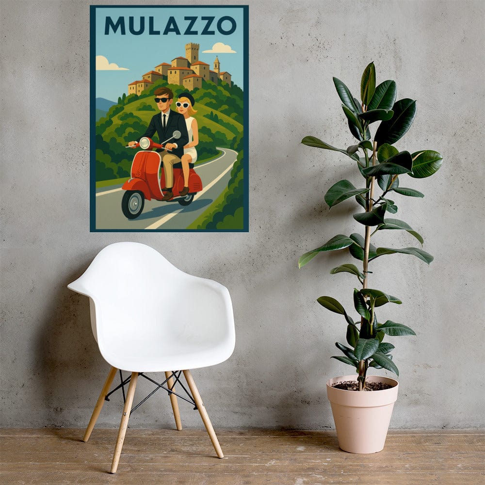 Poster Vintage Travel Poster - Mulazzo, Italy - Couple on Vespa San Rocco Italia