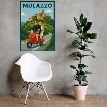 Poster Vintage Travel Poster - Mulazzo, Italy - Couple on Vespa San Rocco Italia