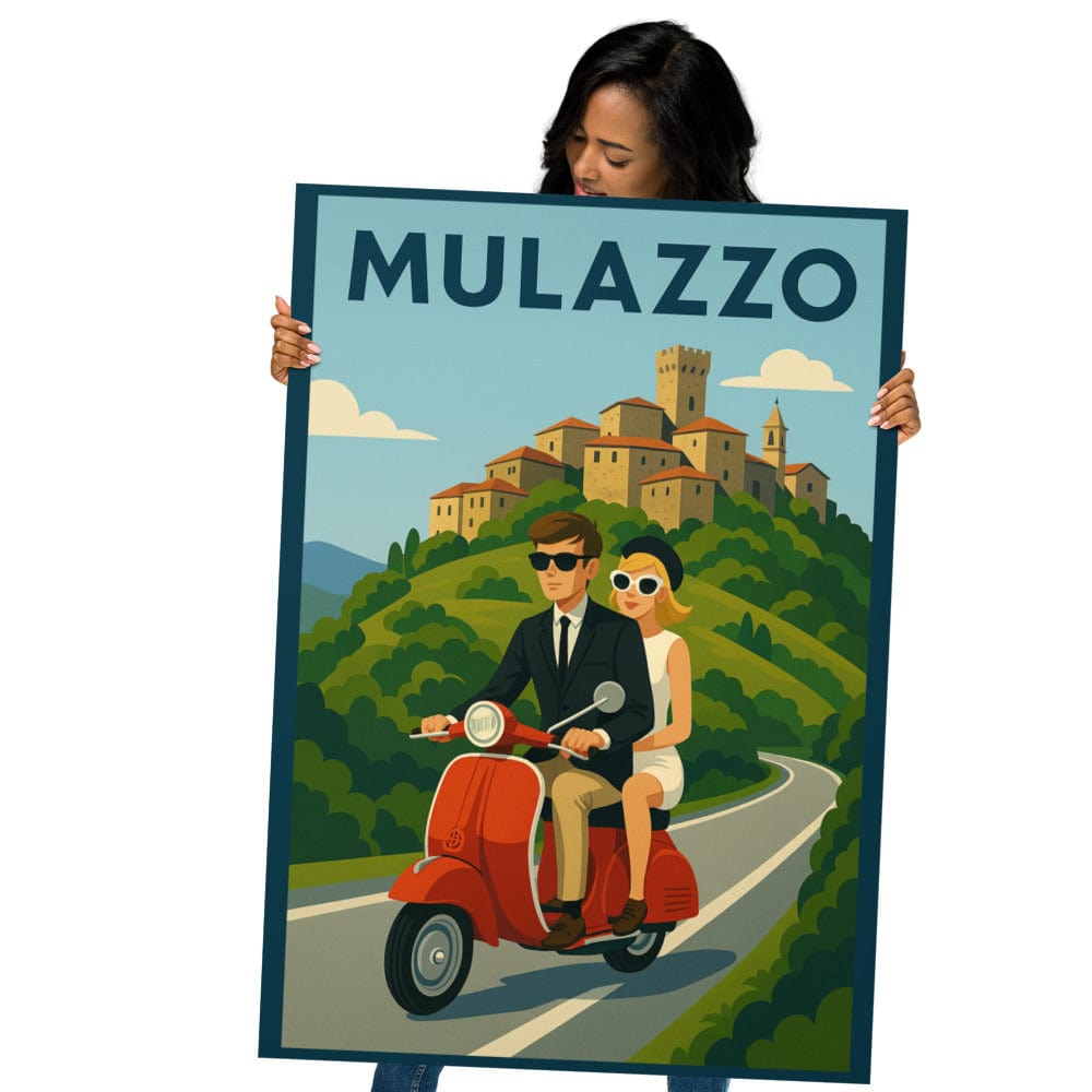 Poster Vintage Travel Poster - Mulazzo, Italy - Couple on Vespa San Rocco Italia