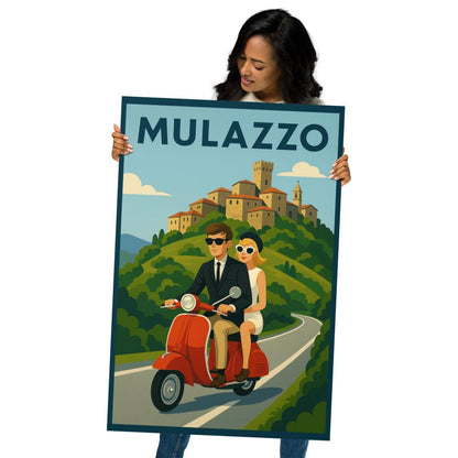 Poster Vintage Travel Poster - Mulazzo, Italy - Couple on Vespa San Rocco Italia