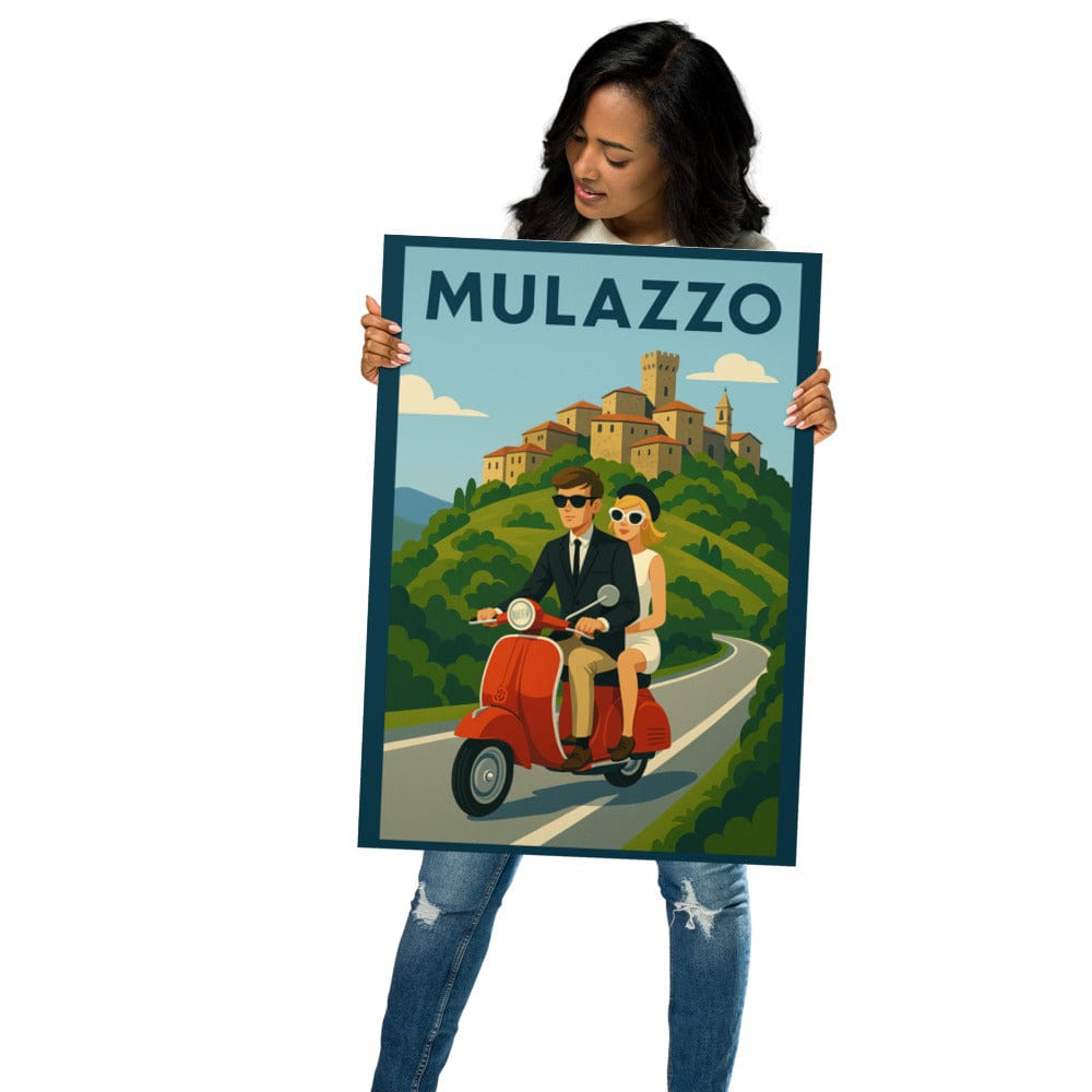 Poster Vintage Travel Poster - Mulazzo, Italy - Couple on Vespa San Rocco Italia