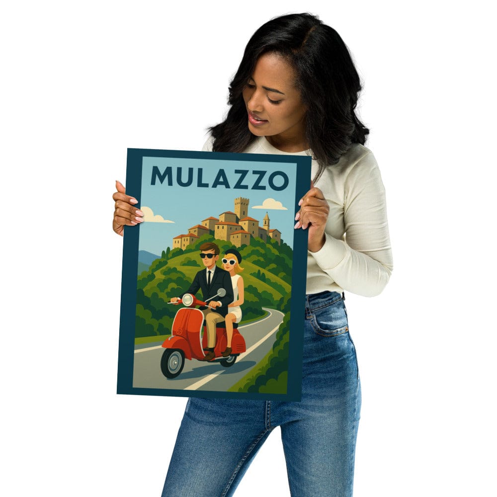 Poster Vintage Travel Poster - Mulazzo, Italy - Couple on Vespa San Rocco Italia