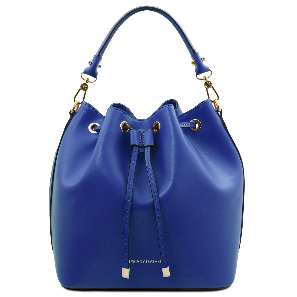 Vittoria blue Italian leather bucket bag with drawstring closure and gold hardware on a white background.