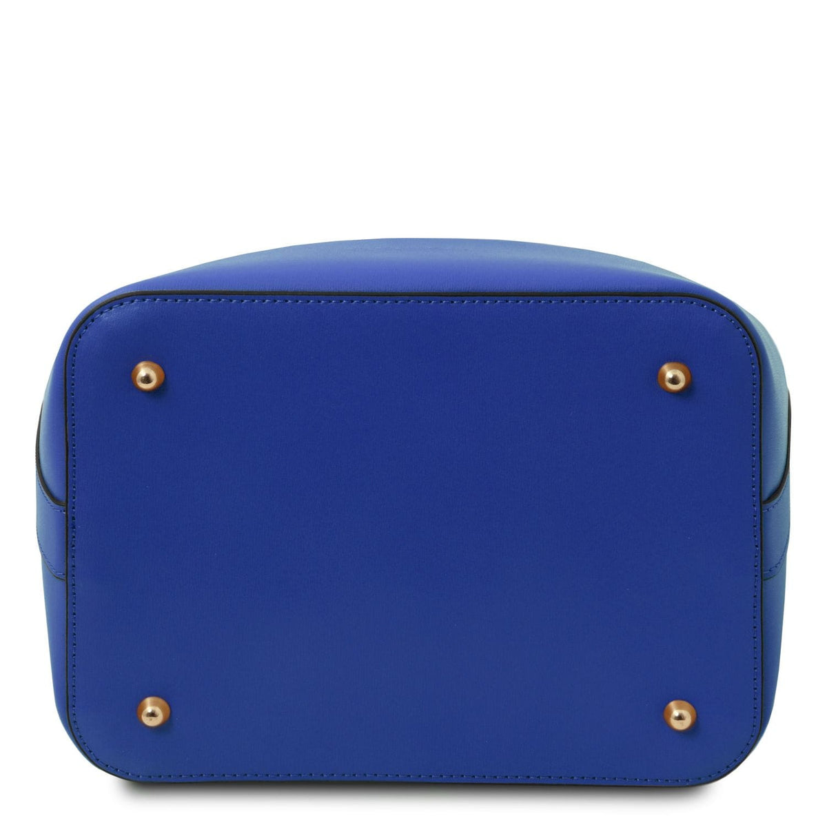 Bottom view of blue Vittoria bucket bag with four gold-tone feet