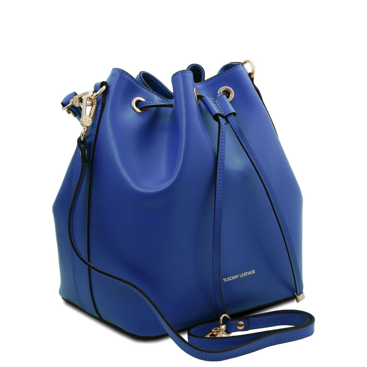 Blue Italian leather bucket bag with drawstring top and gold hardware on a white background