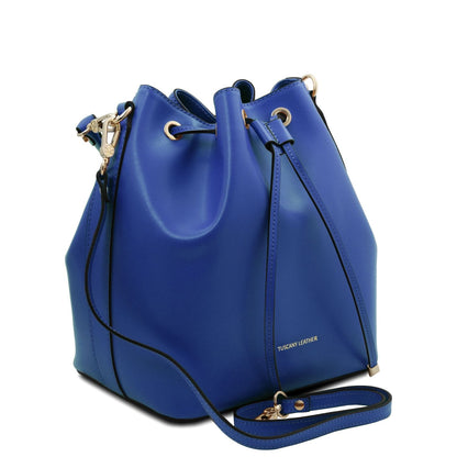 Blue Italian leather bucket bag with drawstring top and gold hardware on a white background