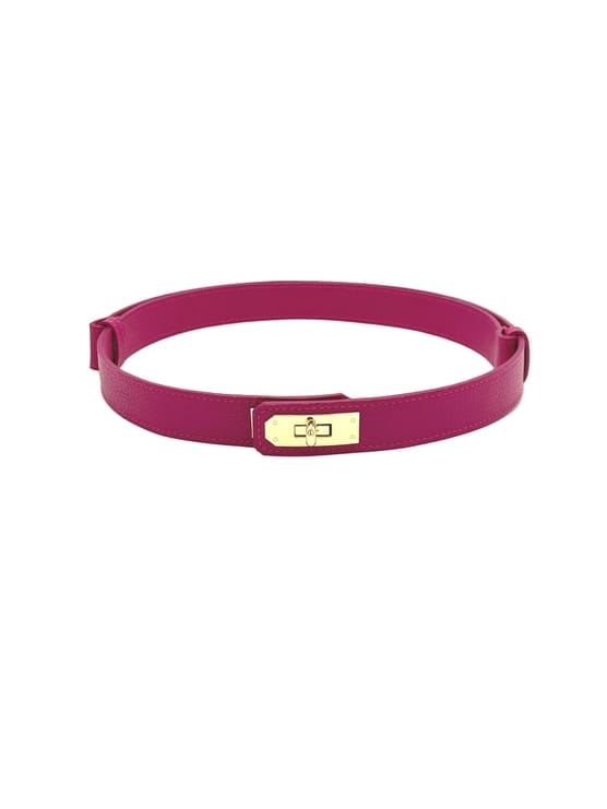 Women’s Adjustable Skinny Leather Belt – Handcrafted in Italy in vibrant magenta leather with gold-tone rectangular buckle detail.
