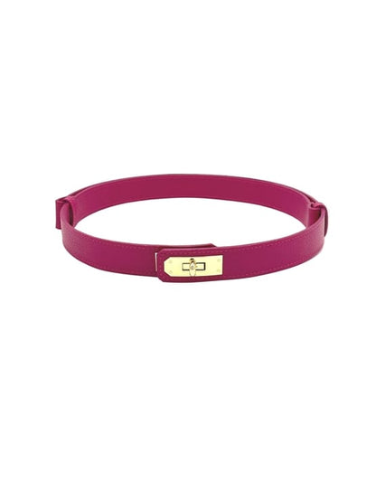 Women’s Adjustable Skinny Leather Belt – Handcrafted in Italy in vibrant magenta leather with gold-tone rectangular buckle detail.