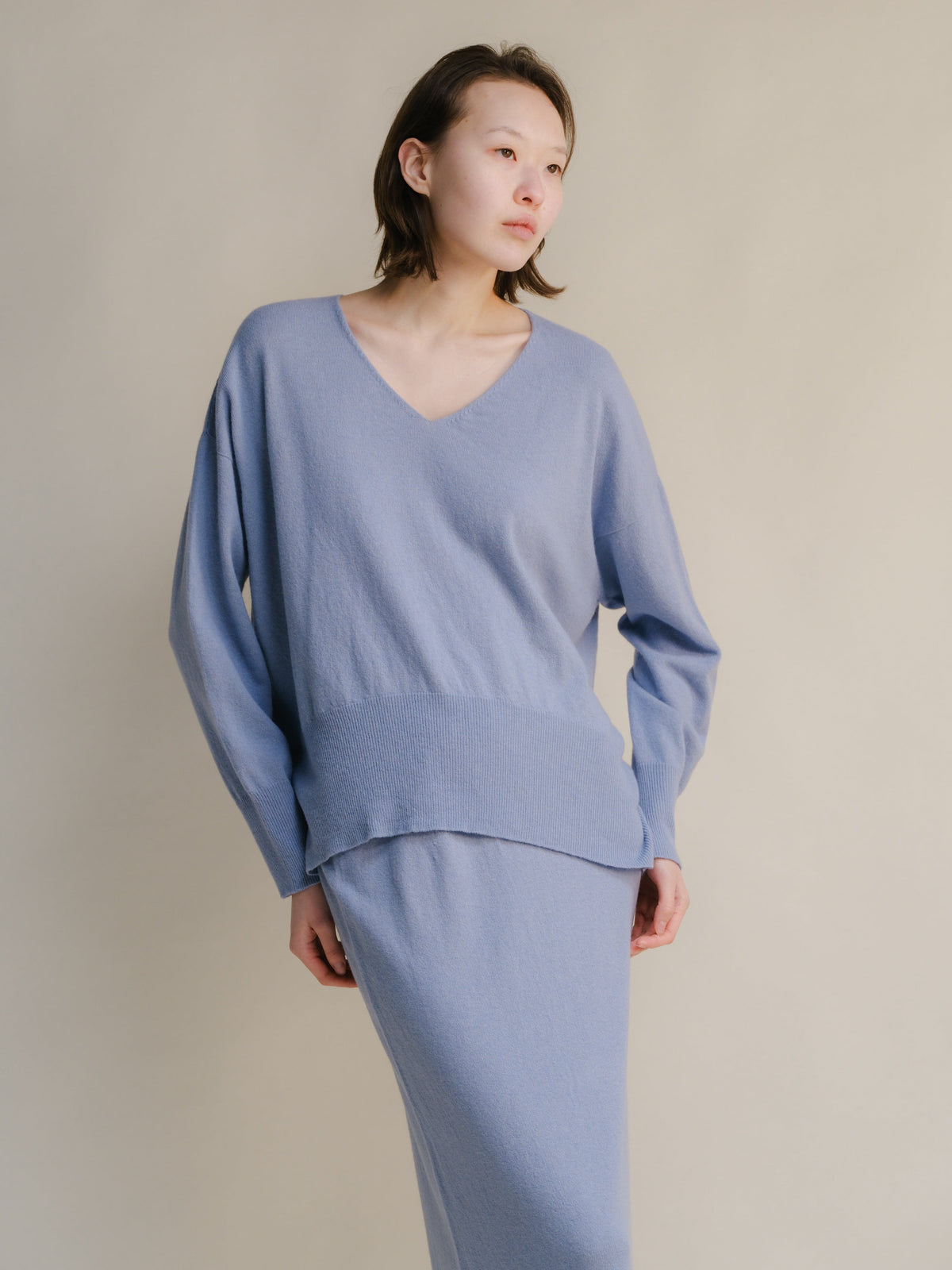 Knitwear Dusty Blue / S Wool & Cashmere Mix Maxi V-Neck Sweater San Rocco Italia