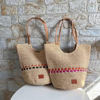 Handbag & Wallet Accesorios Zola - Handmade Natural Raffia Tote Bag - Fuchsia and Naranja San Rocco Italia