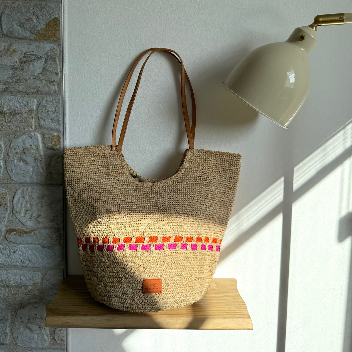 Handbag & Wallet Accesorios Zola - Handmade Natural Raffia Tote Bag - Fuchsia and Naranja San Rocco Italia