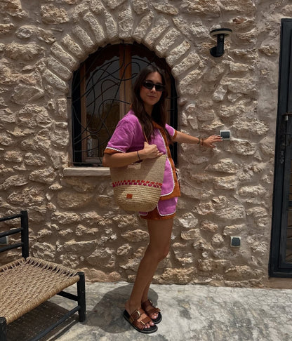 Handbag & Wallet Accesorios Zola - Handmade Natural Raffia Tote Bag - Fuchsia and Naranja San Rocco Italia